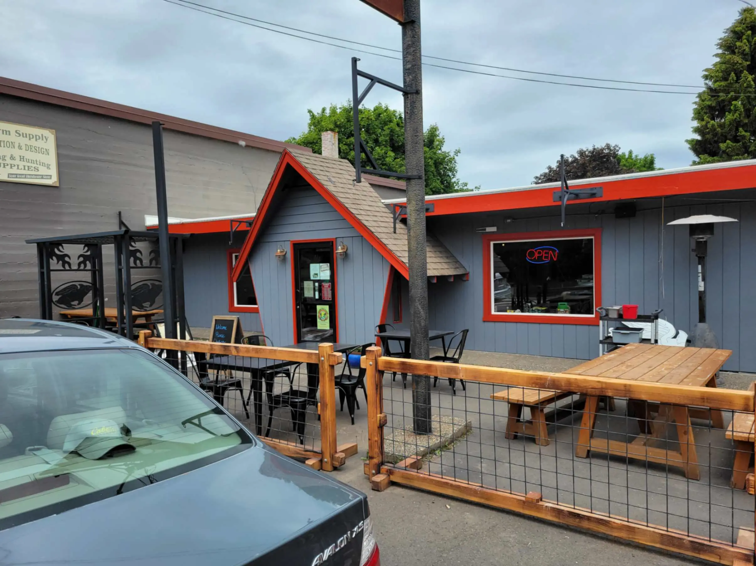 Repainted gray and red exterior of a Hood River restaurant