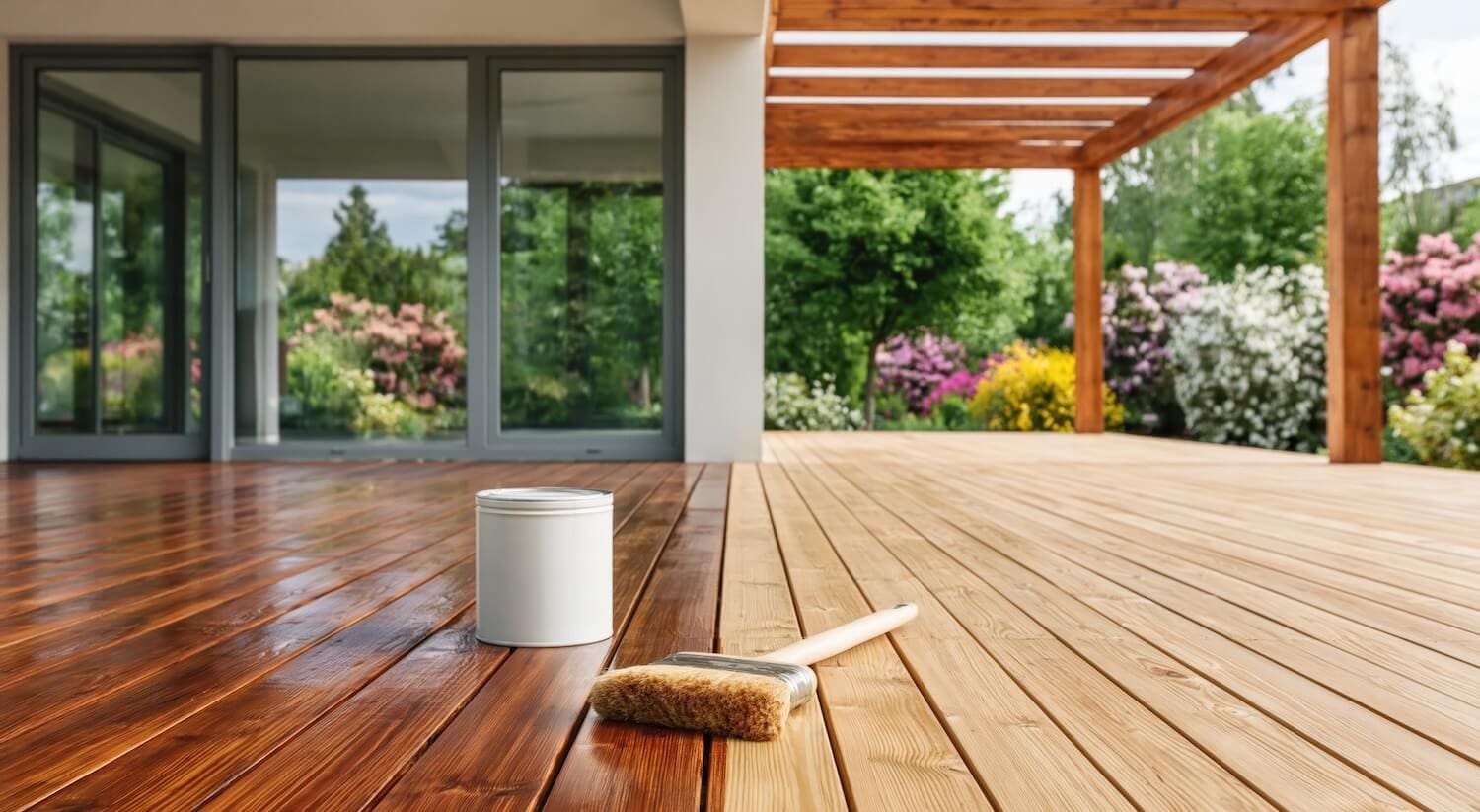 Freshly stained wood deck and pergola on a Hood River home