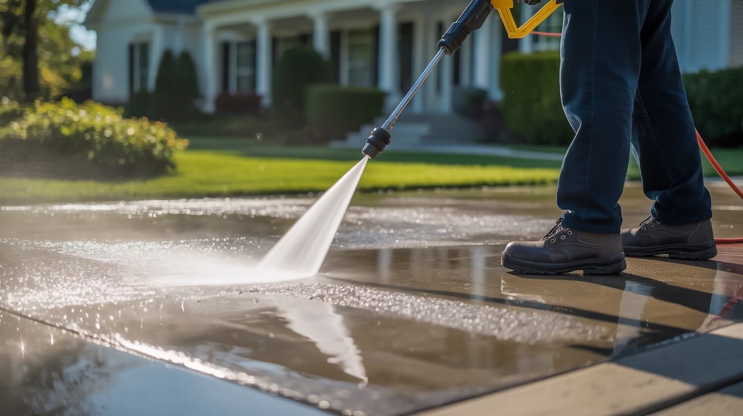 Pressure washing a concrete driveway outside a Parkdale, OR home