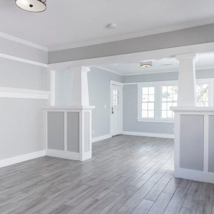 Freshly painted gray interior with white trim in a Hood River home