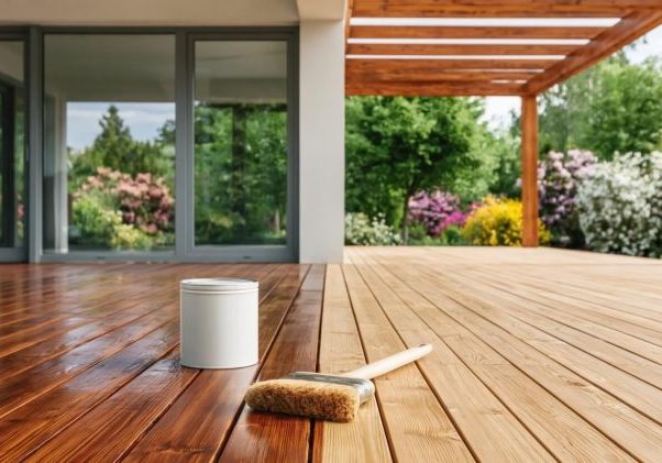 Freshly stained wood deck and pergola on a Hood River home