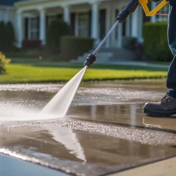 Pressure washing a concrete driveway outside a Parkdale, OR home